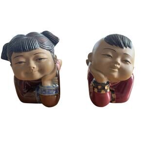 Ceramic Figurines Chinese Majolica Art Pottery Gazing Children Boy Girl Signed